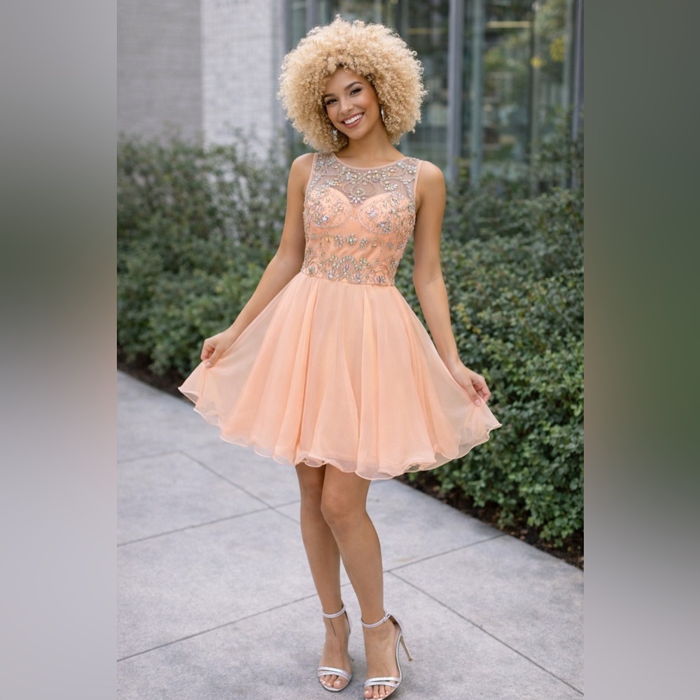DANCING QUEEN Peach Rhinestone TOLO Dress XS ✨